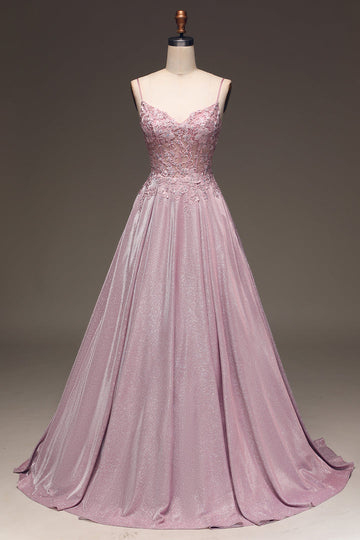 Glitter Spaghetti Straps Corset Blush Ball Dress with Beading